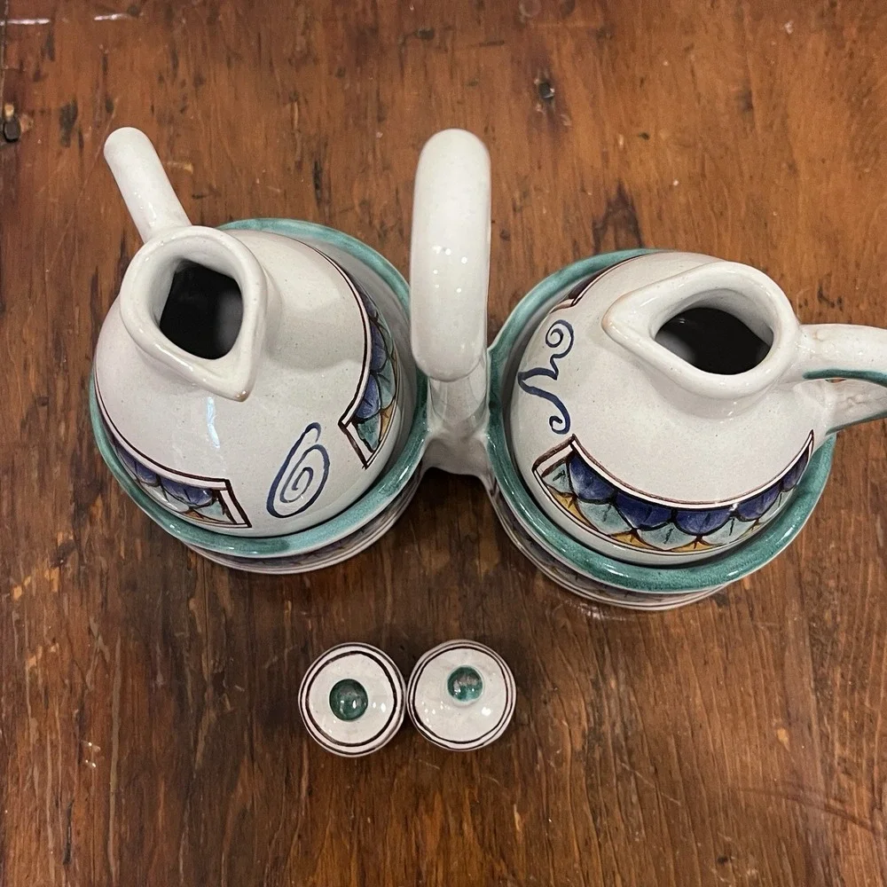 Colorful Pair Oil Vinegar Cruet Set w/ Caddy Hand Painted Made‎ in Italy